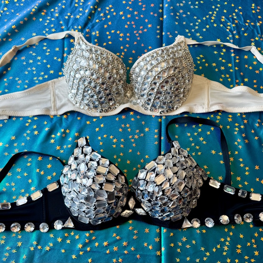 2 Festival Rave Bras Black rhinestones & white sequin  rhinestone bras